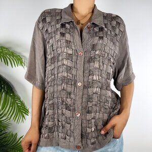 Vintage 90s Country Wear Casuals Cottagecore Fairy Taupe Floral Weave Shirt / XL